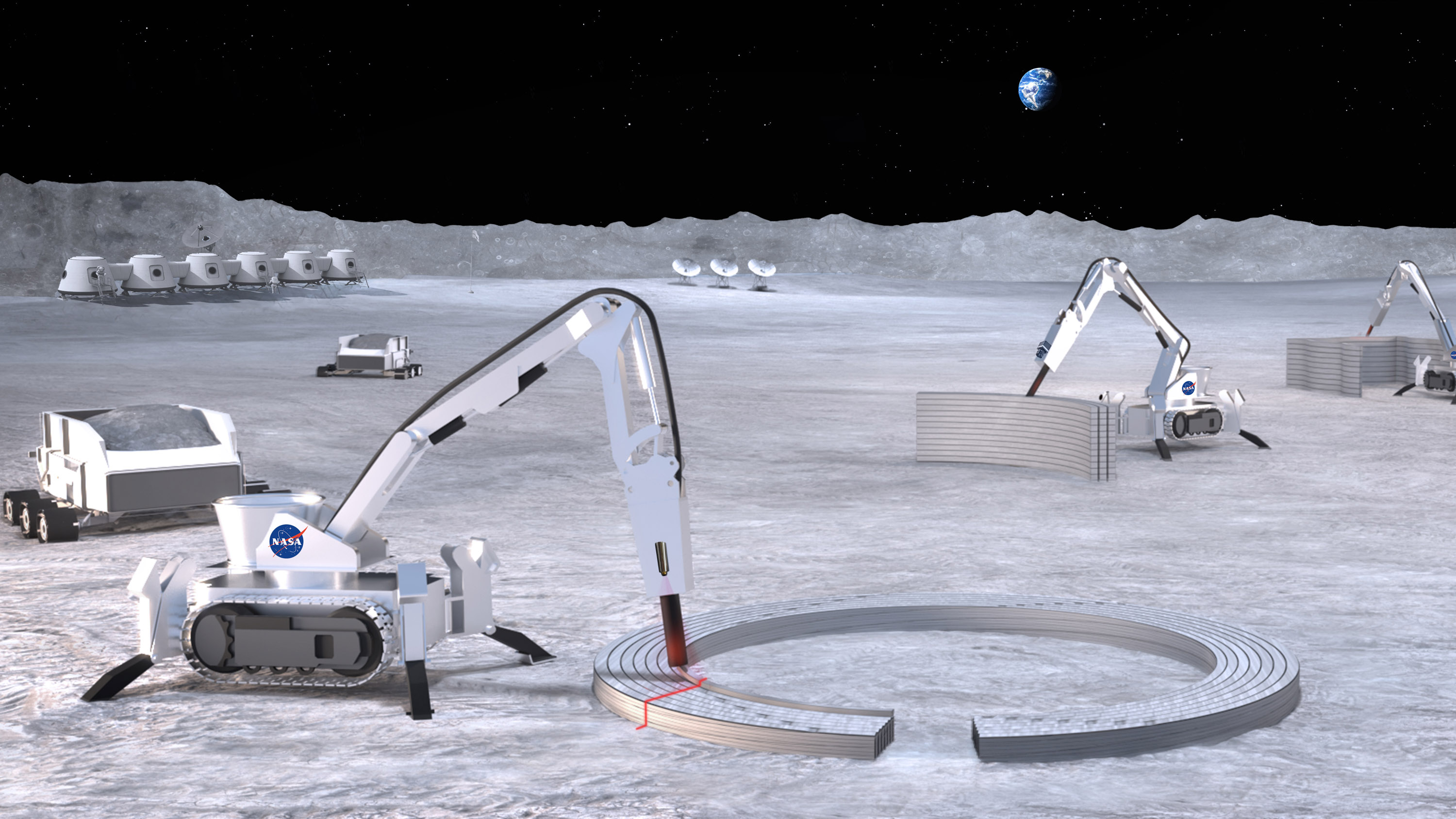 artist's rendering of lunar robots building in layers with waterless concrete