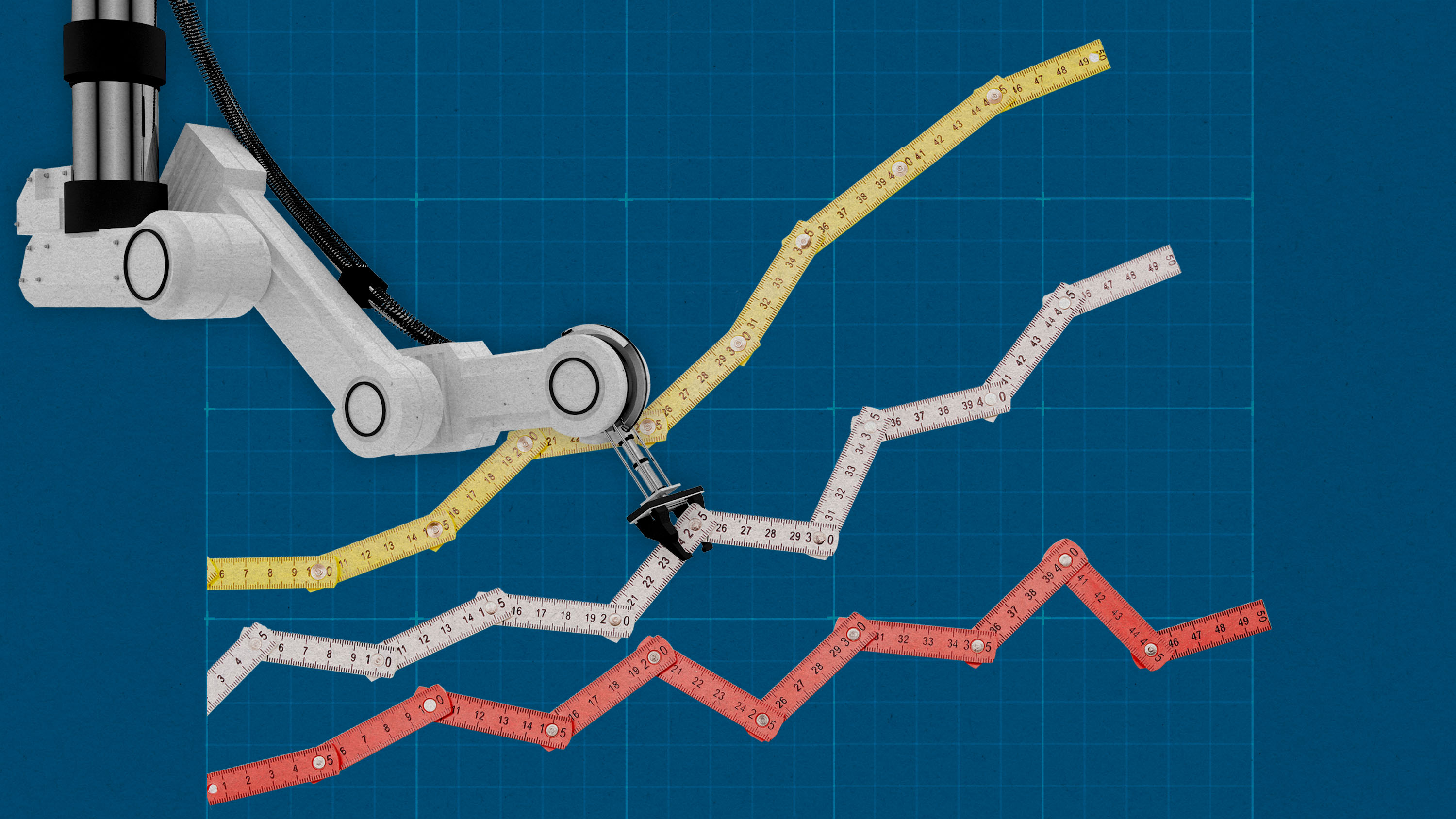 Photo illustration showing a robotic arm pulling at graph lines, illustrating AI benchmarks