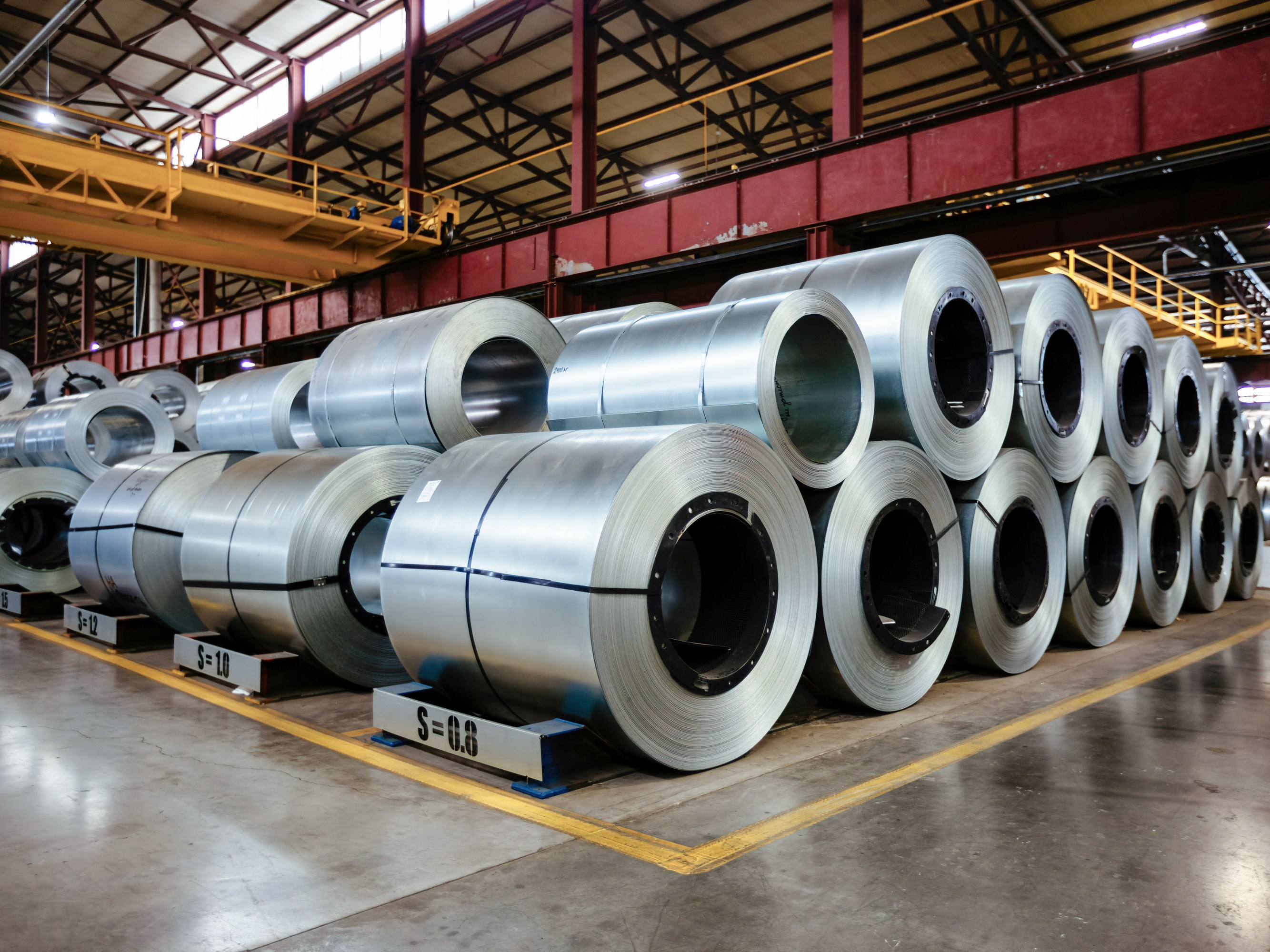 Rolls of galvanized steel sheet inside the factory or warehouse.