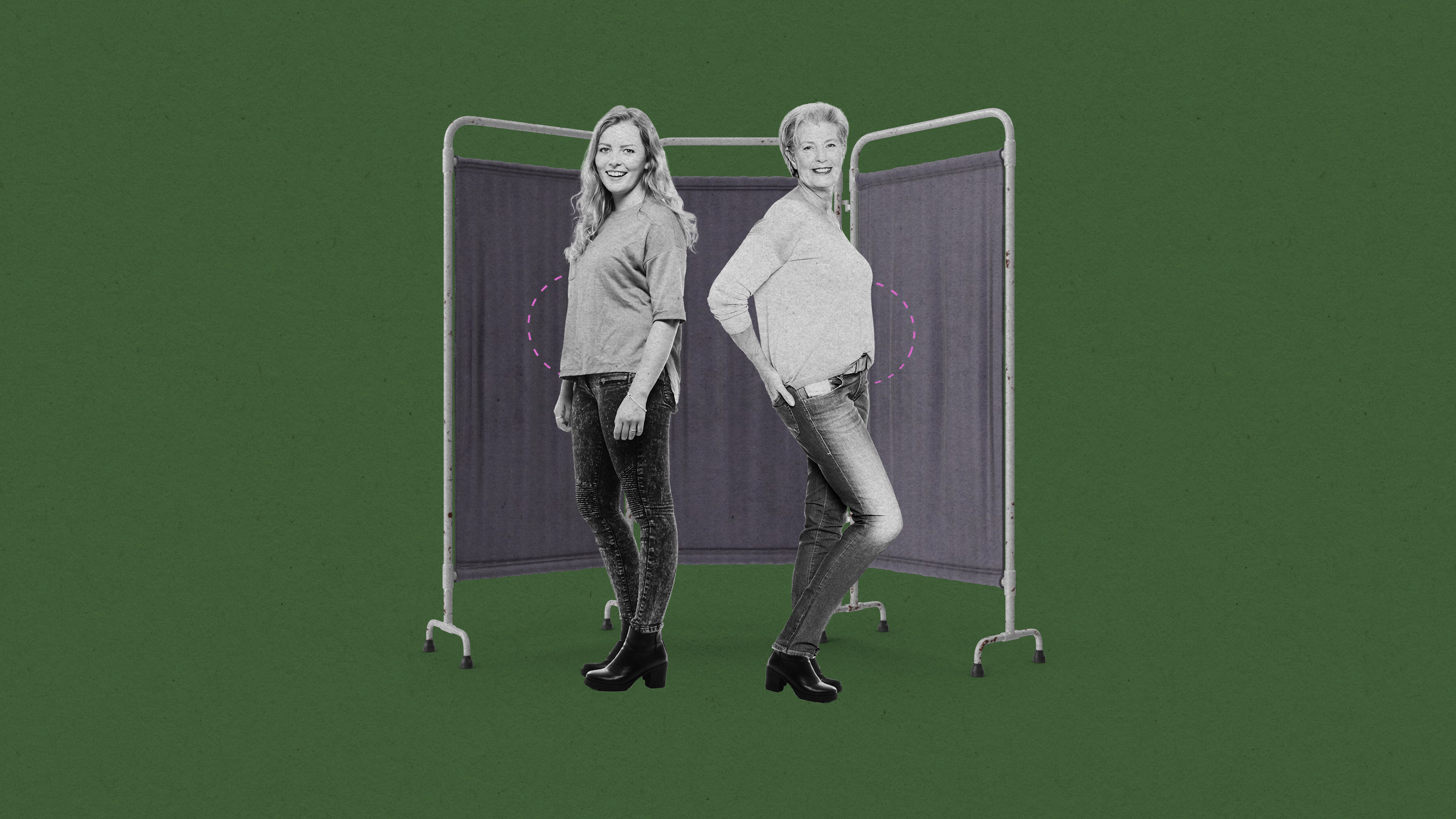 a younger and older woman stand in three quarter view next to a medical privacy screen, each have dotted half circles next to their waists