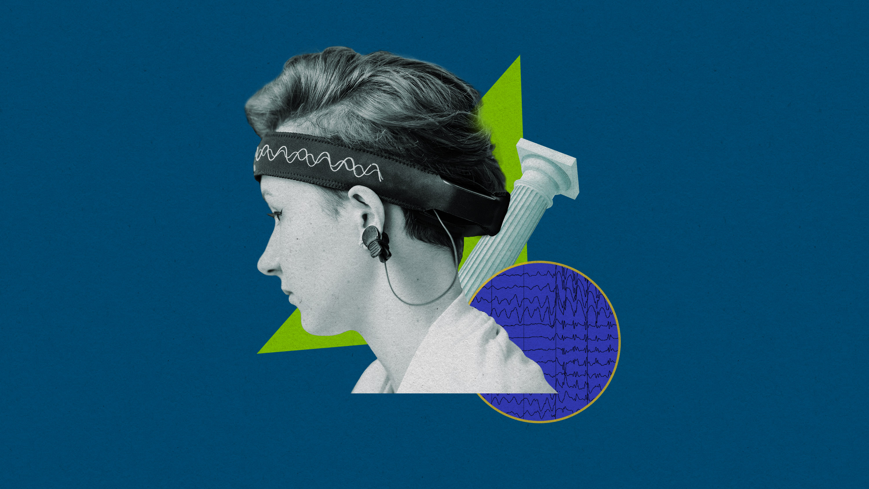 person wearing an eeg headband with a stone column and eeg waves