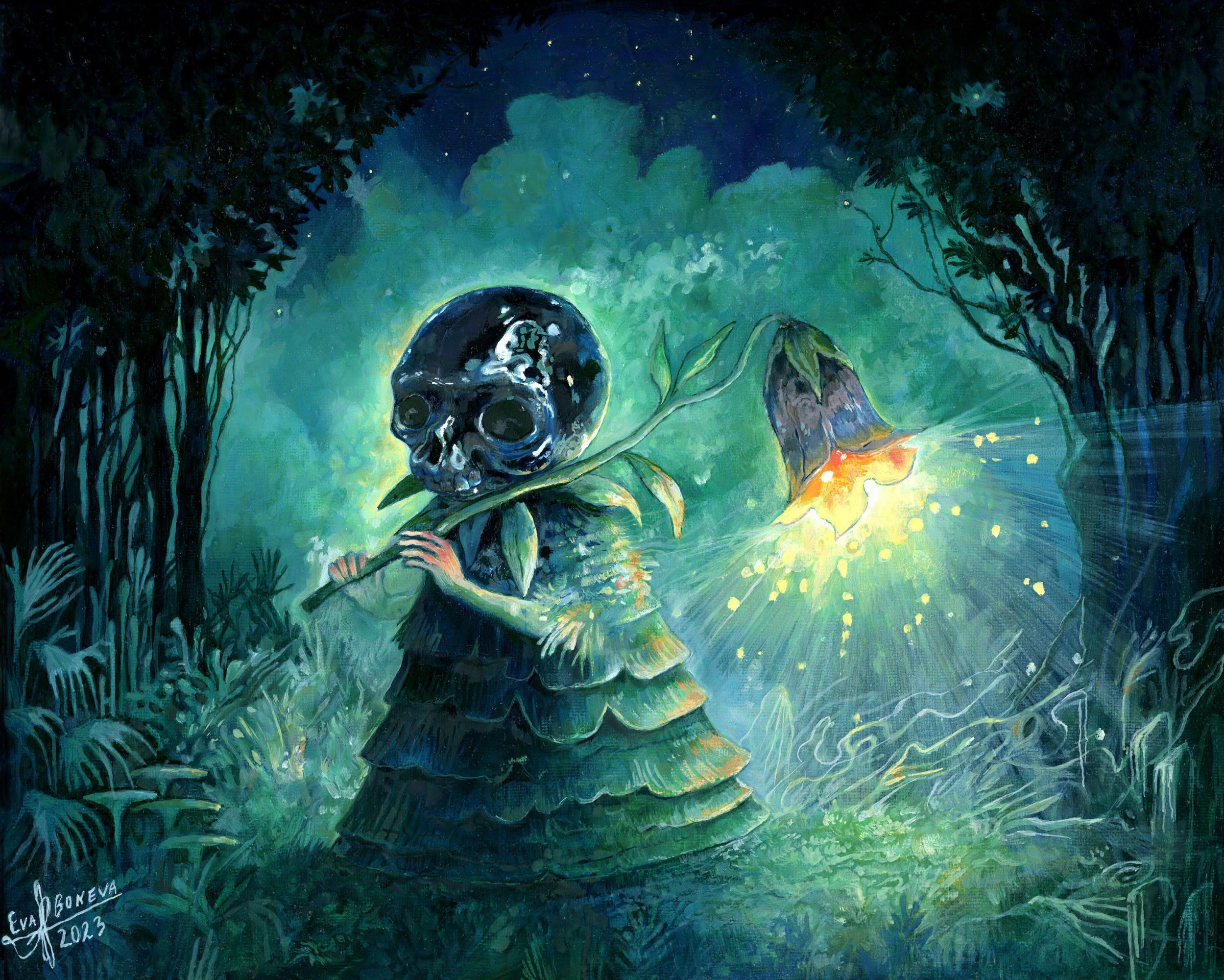 Belladonna artwork shows a central character with a skull head in a dark forest illuminated around them by the belladonna flower slung over their shoulder