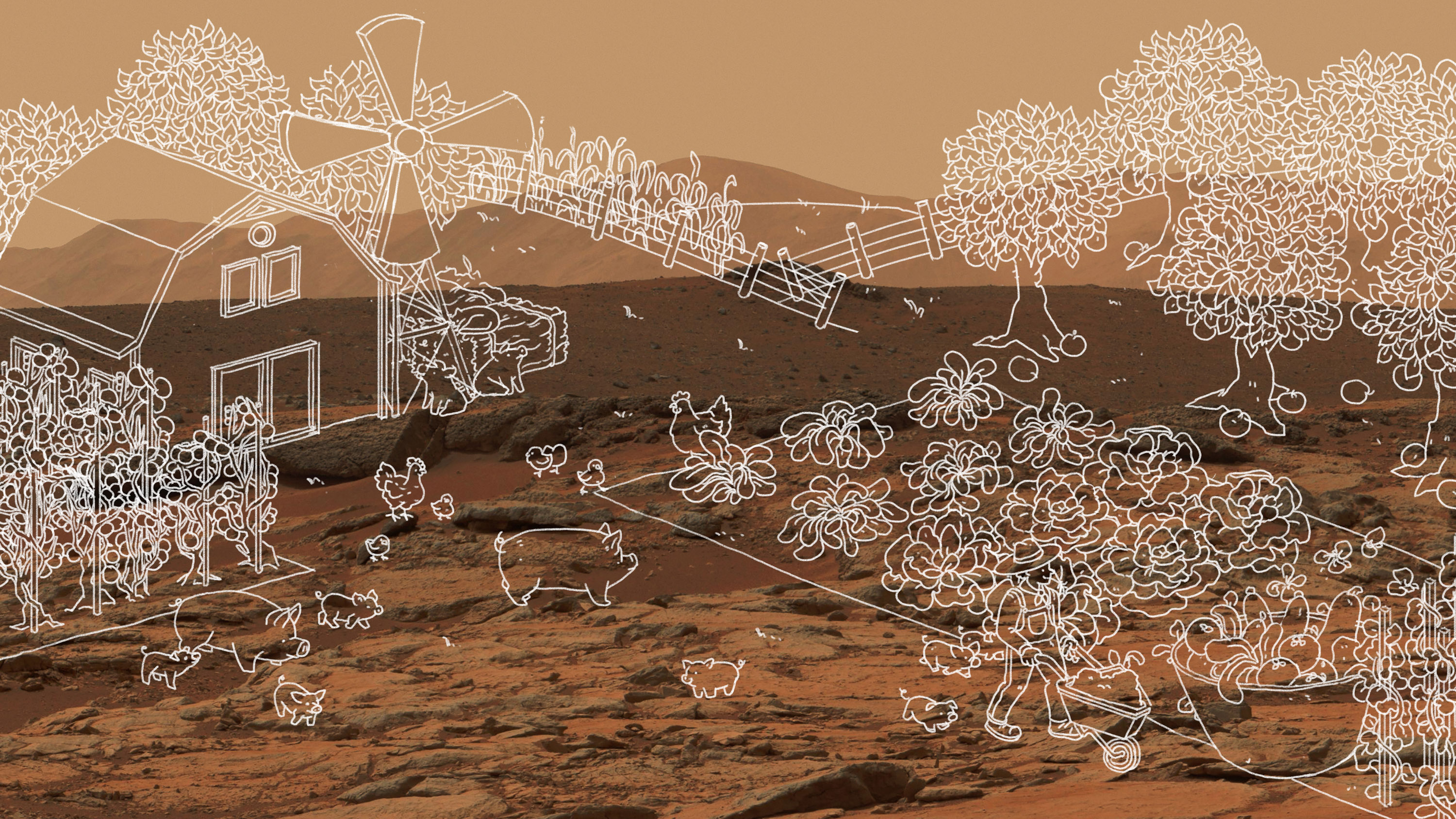 white line drawing of an agricultural scene with orchard, barn, crops and farm animals drawn over a photo of the Martian landscape