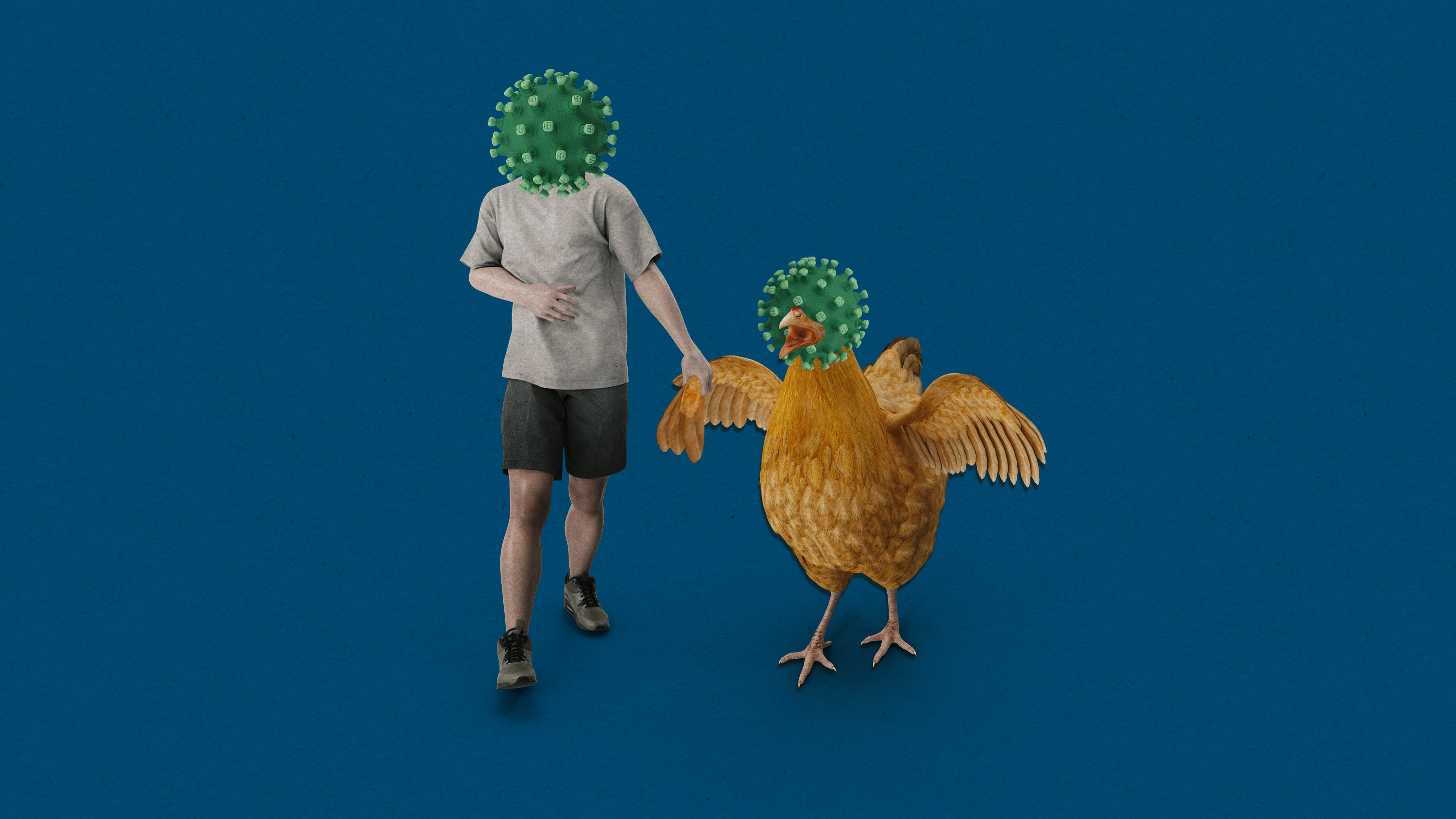 a person with a virus head and a chicken with a virus head walk together holding hands